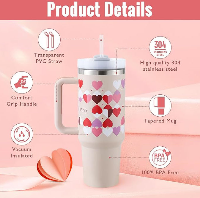 40 Oz Stainless Steel Insulated Tumbler with Handle & Straw – Spill-Proof Travel Coffee Mug, Perfect Valentine’s Gift for Car, Gym, Office & Travel