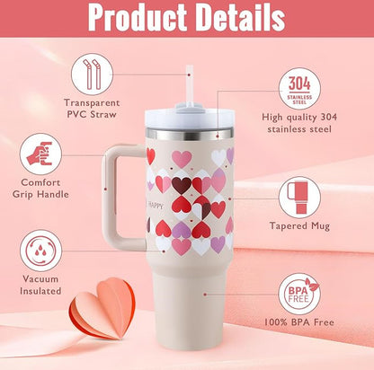 40 Oz Stainless Steel Insulated Tumbler with Handle & Straw – Spill-Proof Travel Coffee Mug, Perfect Valentine’s Gift for Car, Gym, Office & Travel